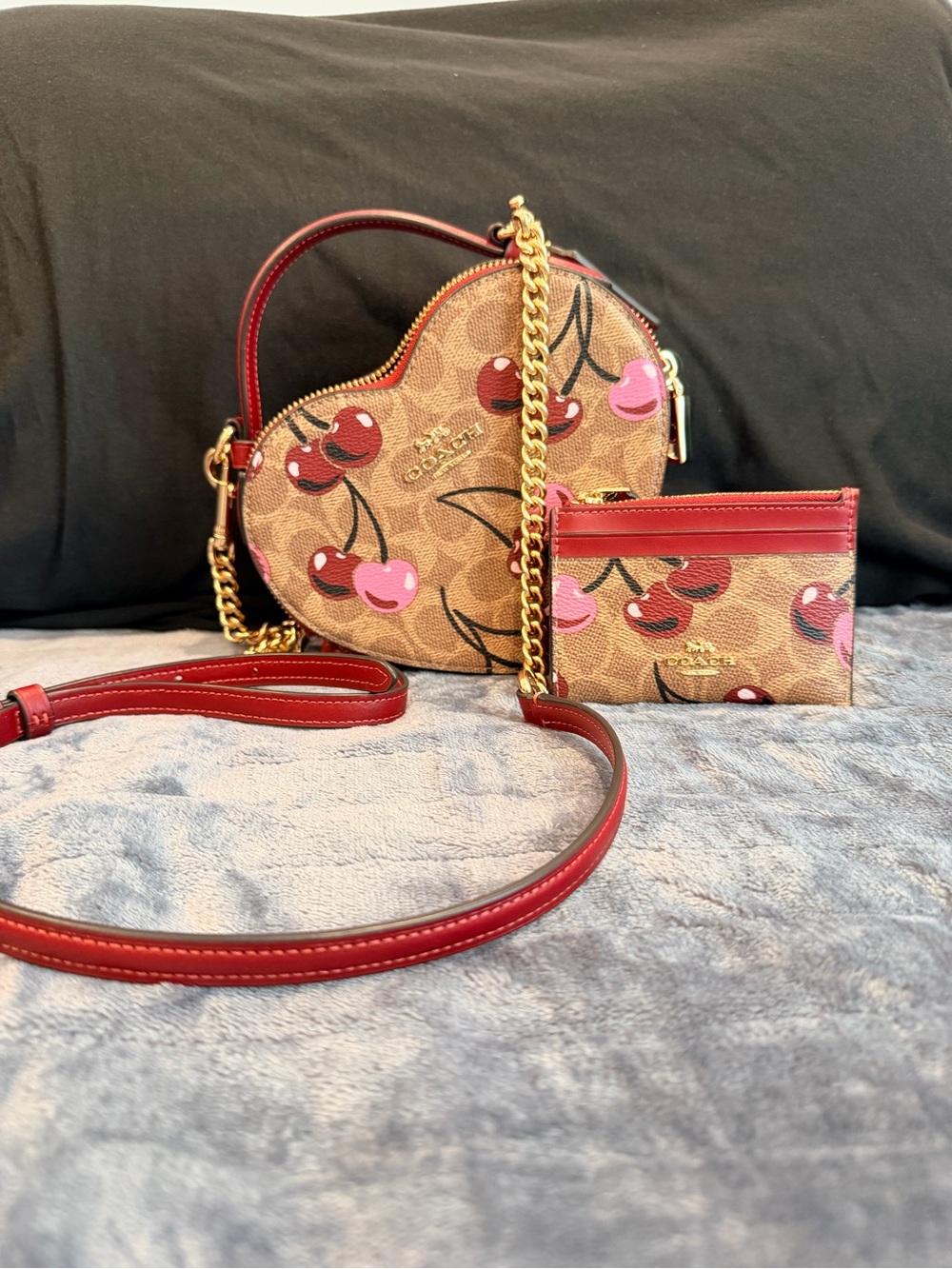 Coach Heart Cherry Canvas Crossbody in Red/Patent Trim & Matching Card Case Set